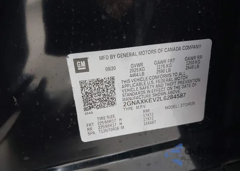 2020 Chevrolet Equinox Fwd Lt 1.5L Turbo z USA, uszkodzony, nr VIN 2GNAXKEV2L6284587